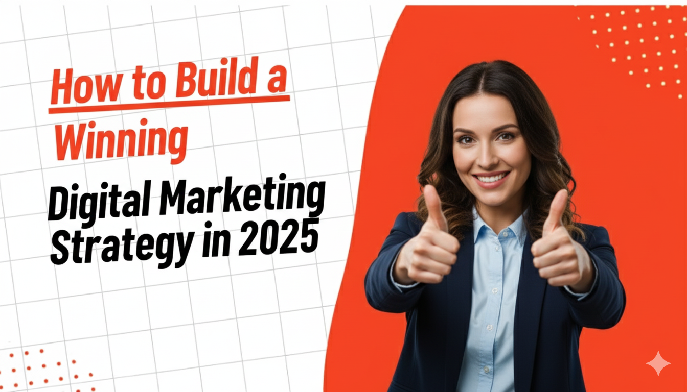 Digital marketing strategy 2025 concept with AI, analytics, and multi-channel marketing visuals.