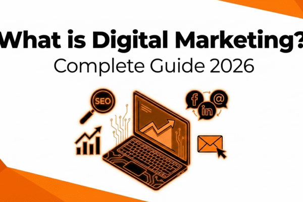 Cover image with the title “What is Digital Marketing? Complete Guide 2026” displayed on a white and orange geometric background, featuring icons of SEO, analytics, social media, email marketing, and a laptop graphic.