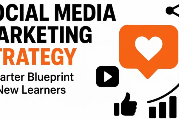 Social media marketing strategy banner with icons showing engagement, video content, likes, and growth analytics in black, white, and orange
