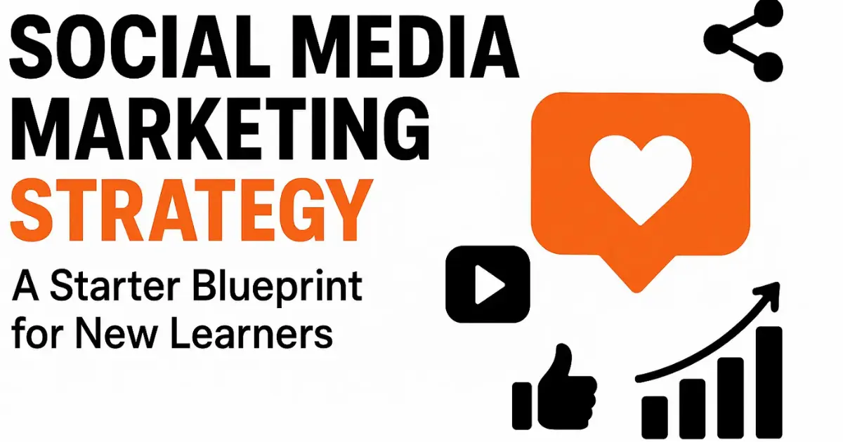Social media marketing strategy banner with icons showing engagement, video content, likes, and growth analytics in black, white, and orange