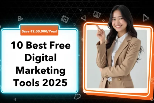Woman pointing towards a headline card displaying ‘10 Best Free Digital Marketing Tools 2025’ with glowing neon frames and marketing icons on a dark tech background