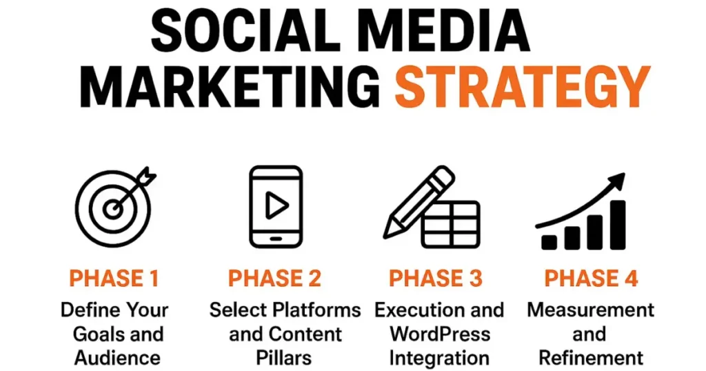Social media marketing strategy phases showing goals, platform selection, content execution, and performance measurement with icons in black and orange