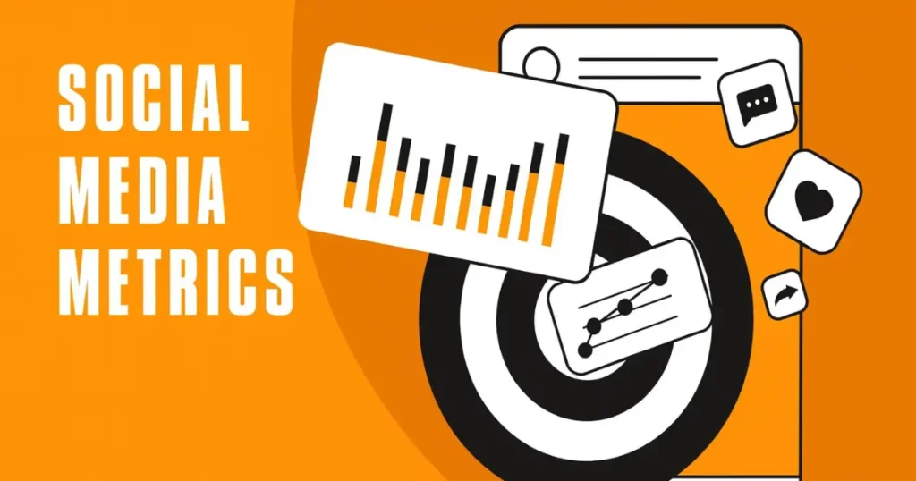 Social media metrics illustration showing analytics charts, engagement icons, and a target dashboard in black, white, and orange
