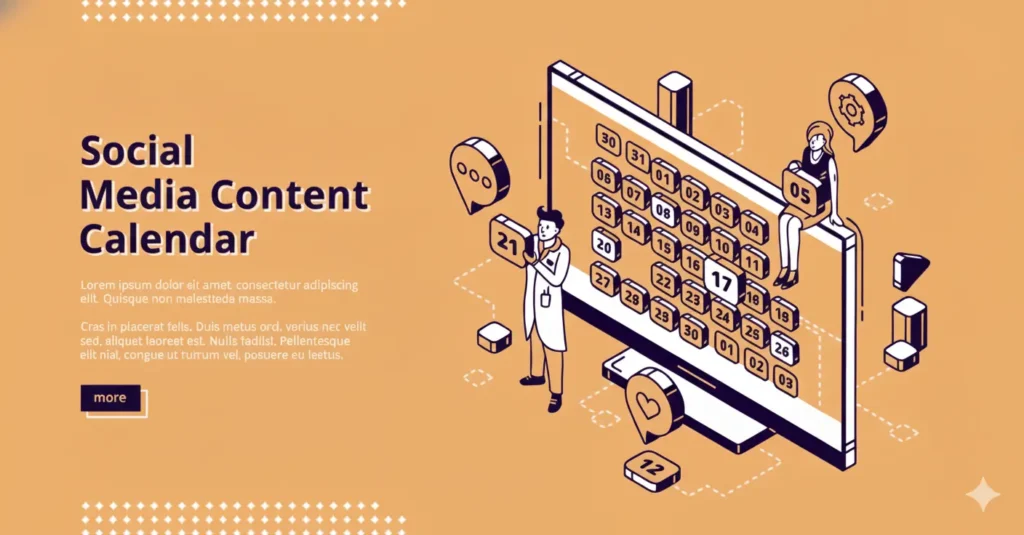 Illustration of a social media content calendar with characters planning posts on a large digital calendar in an orange theme