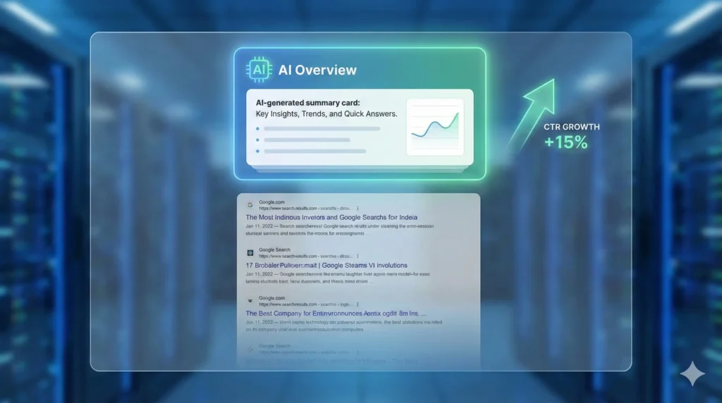 AI-powered search result enhancement with summary card showing CTR growth +15%.