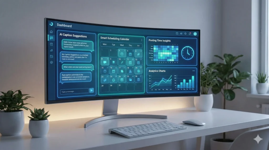 AI-powered social media dashboard displaying scheduling calendar, analytics charts, and posting insights on an ultrawide monitor