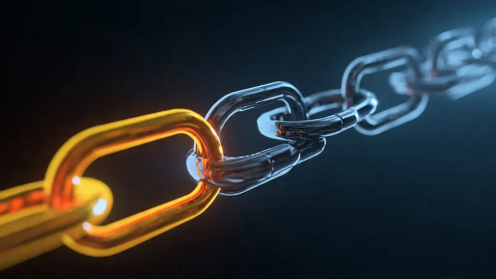 Chain representing link building with one golden link symbolizing high-quality backlinks.