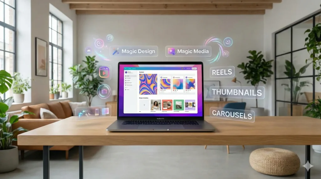 Laptop displaying Canva AI workspace with floating icons for Magic Design, Magic Media, reels, thumbnails, and carousels