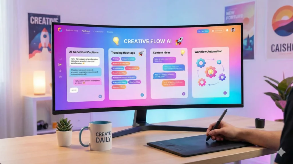 Creative Flow AI dashboard showing AI-generated captions, trending hashtags, content ideas, and workflow automation tools