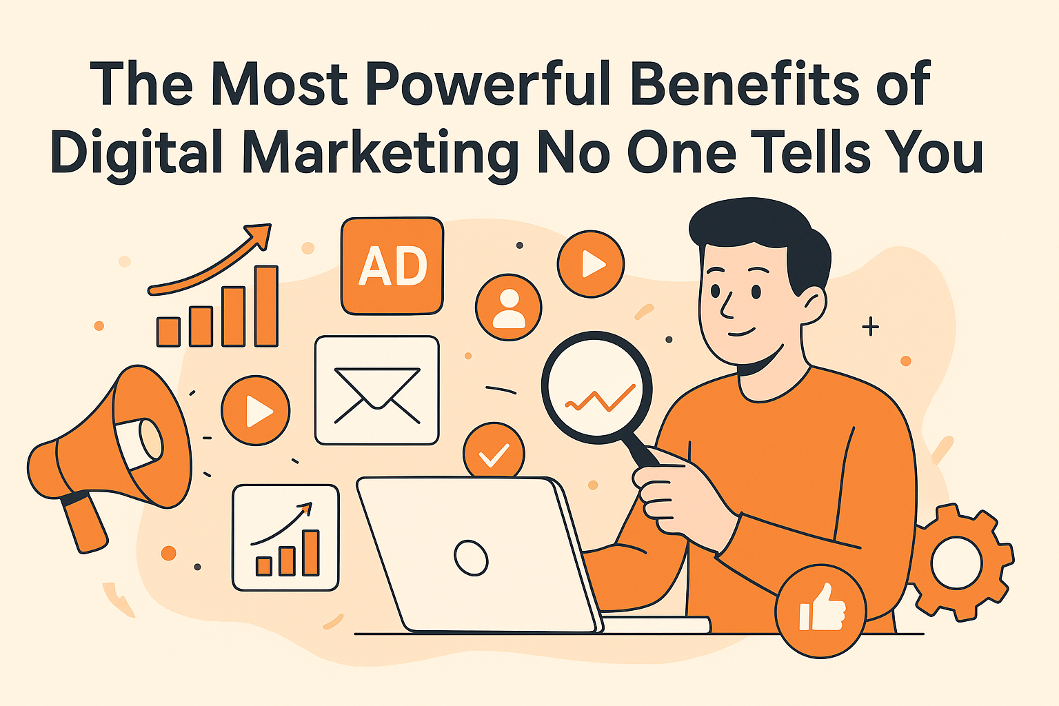 Illustration of a digital marketer analyzing data on a laptop with icons of ads, analytics, email, video, and social media in orange and white theme, representing the powerful benefits of digital marketing.