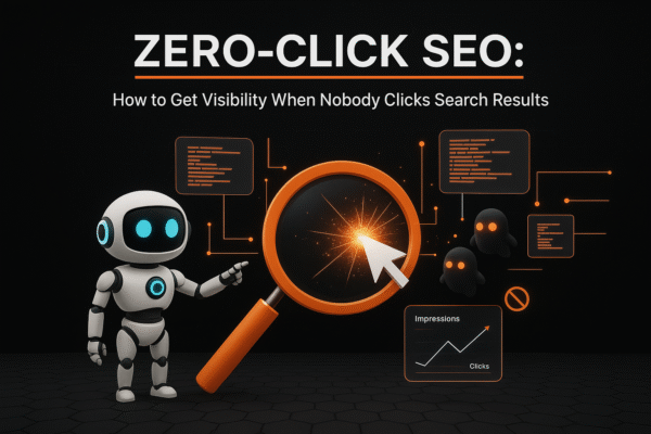 “A futuristic digital robot pointing at a glowing magnifying glass surrounded by search-related UI elements, illustrating zero-click SEO concepts with graphics showing impressions vs clicks.”