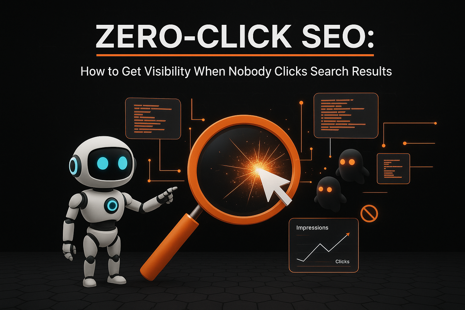 “A futuristic digital robot pointing at a glowing magnifying glass surrounded by search-related UI elements, illustrating zero-click SEO concepts with graphics showing impressions vs clicks.”