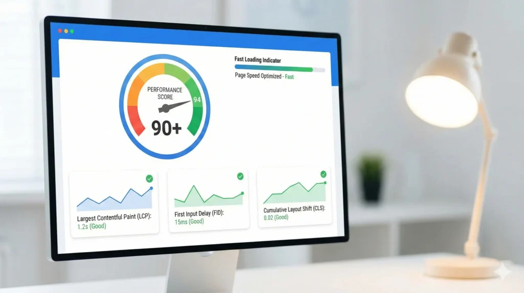 Website performance score dashboard showing Core Web Vitals metrics like LCP, FID, CLS.