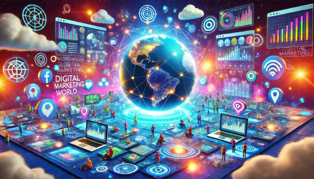 A futuristic digital marketing world with a glowing 3D Earth in the center, surrounded by charts, graphs, social media icons, and people interacting with holographic technology.