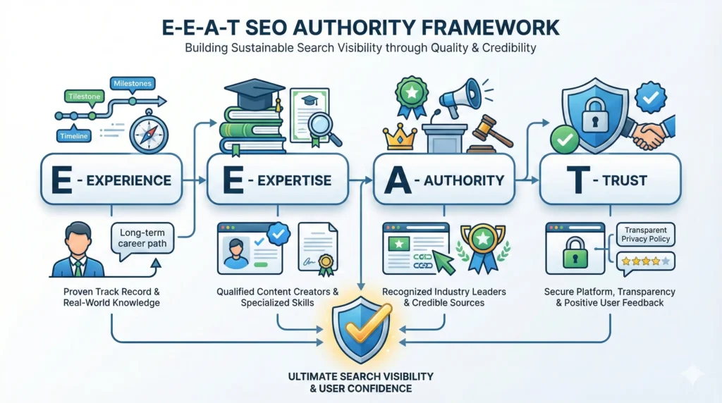 E-E-A-T framework graphic displaying Experience, Expertise, Authority, and Trust elements.