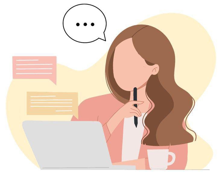Illustration of a woman thinking while working on a laptop, holding a pen with a speech bubble above her