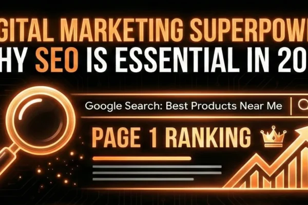 Digital marketing SEO superpower banner showing why SEO is essential in 2025 with Google search and page 1 ranking concept