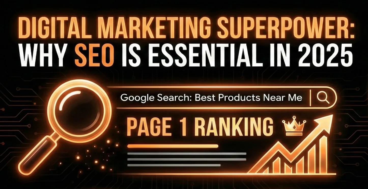 Digital marketing SEO superpower banner showing why SEO is essential in 2025 with Google search and page 1 ranking concept