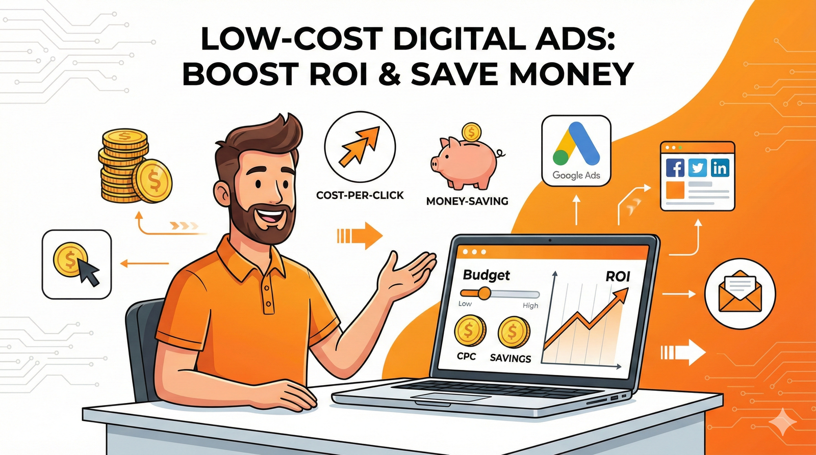 Illustration of low-cost digital ads showing a marketer explaining CPC, budget control, savings, Google Ads, and ROI growth on a laptop.