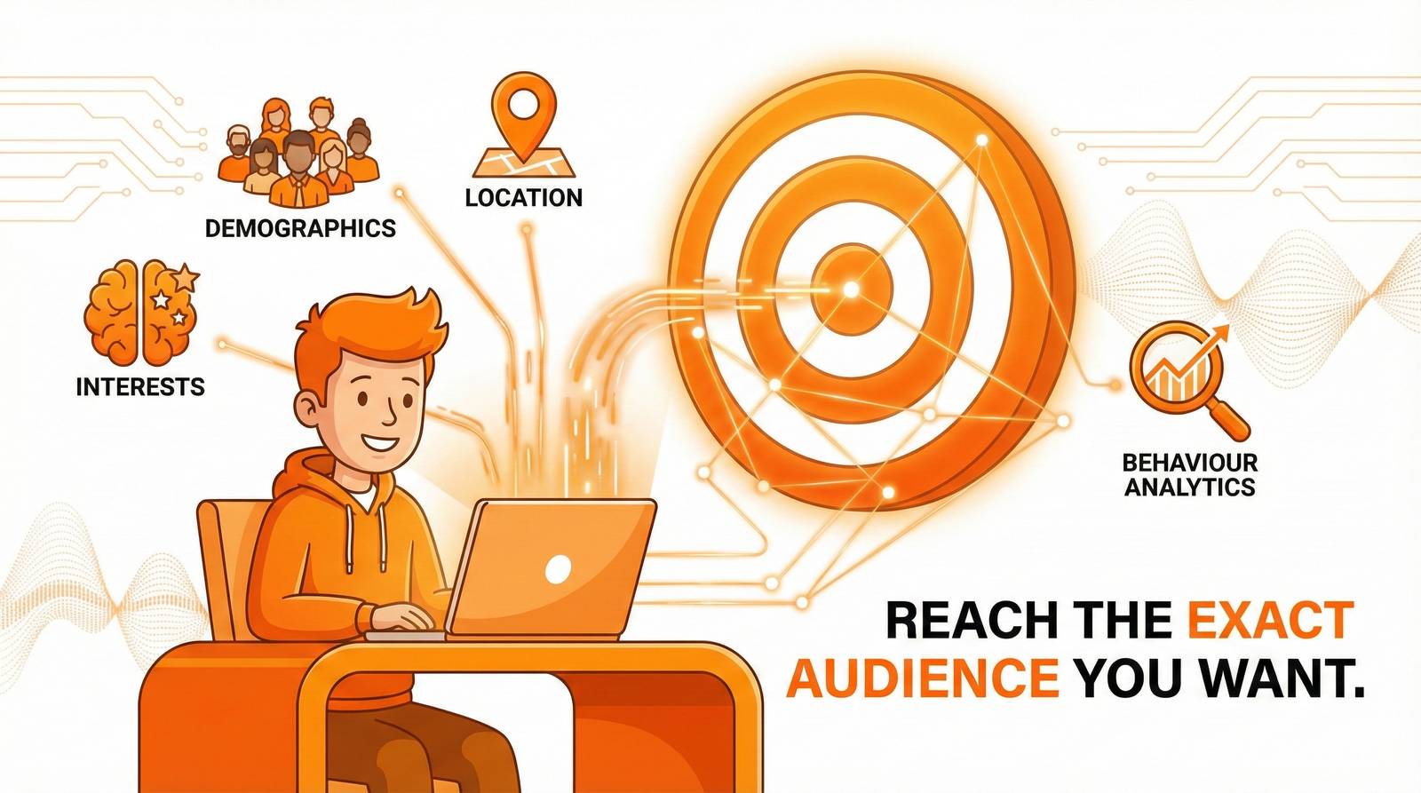 Digital marketing targeting concept showing demographics, location, interests, and behaviour analytics with a person using a laptop.