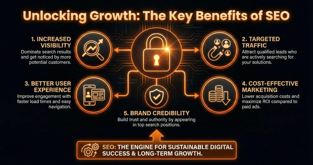 Key benefits of SEO infographic showing increased visibility, targeted traffic, better user experience, cost-effective marketing, and brand credibility