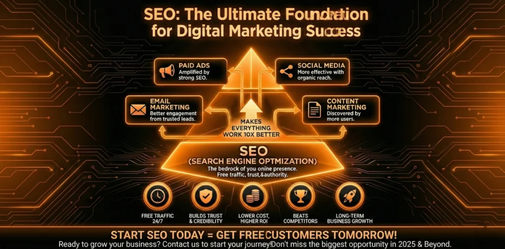 SEO as the foundation of digital marketing showing paid ads, social media, email marketing, and content marketing growth