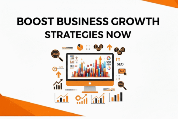 Digital marketing-themed graphic with an orange and white design. A computer monitor displays colorful growth charts, surrounded by SEO, analytics, and business growth icons. Bold text above reads ‘Boost Business Growth Strategies Now.