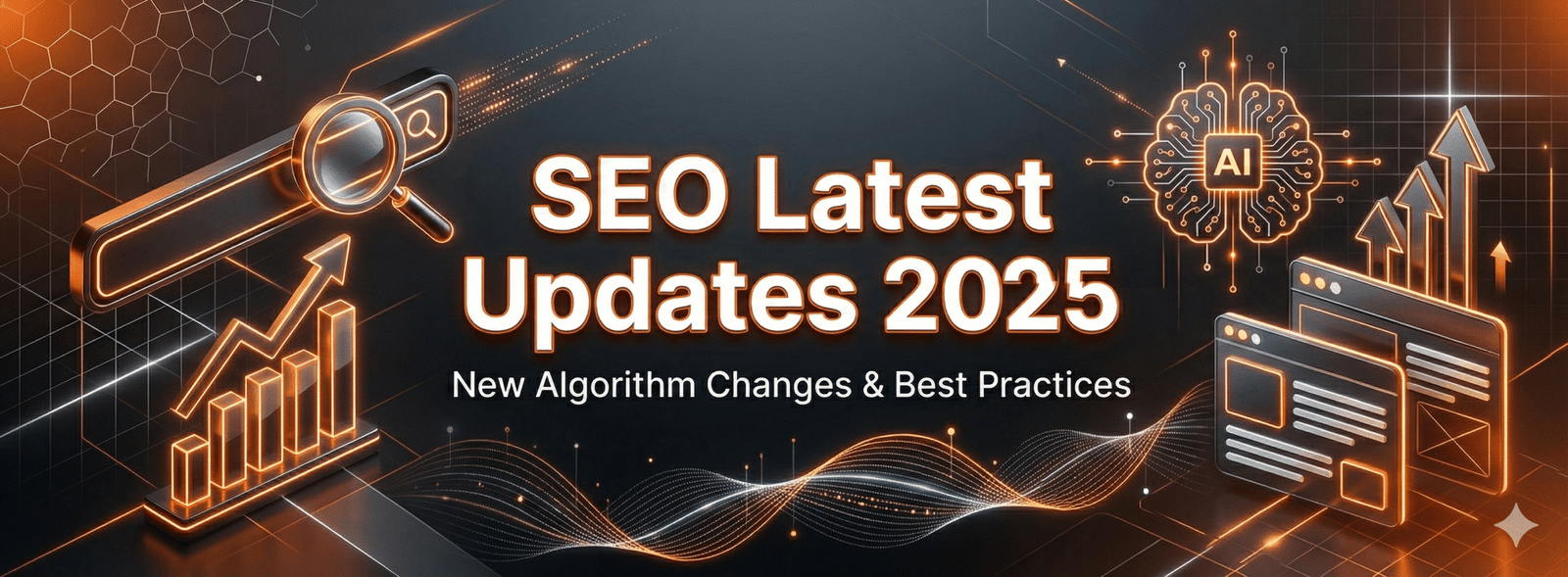 SEO Latest Updates 2025 banner with search icon, AI chip graphic, and growing charts.