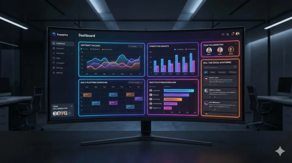 Social media analytics dashboard with sentiment tracking, competitor insights, scheduling, and real-time monitoring in a dark neon interface.