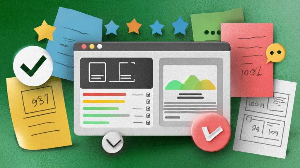 Illustrated website dashboard with checklists, ratings, and visual SEO quality indicators.