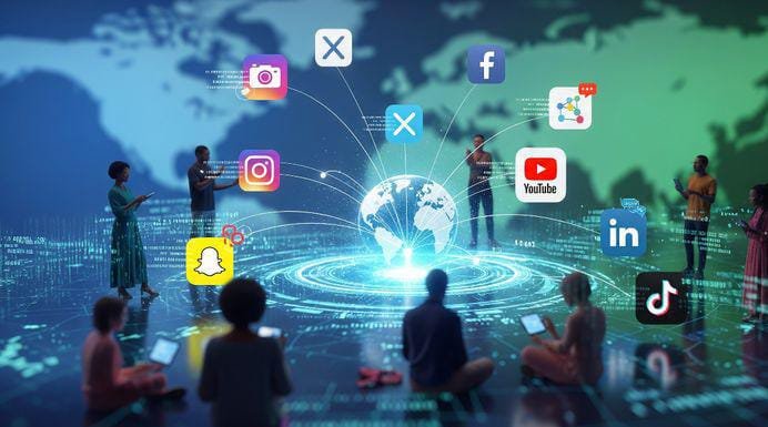 People using digital devices around a glowing globe with social media icons like Instagram, TikTok, YouTube, Facebook, LinkedIn, and Snapchat connected in a global network.