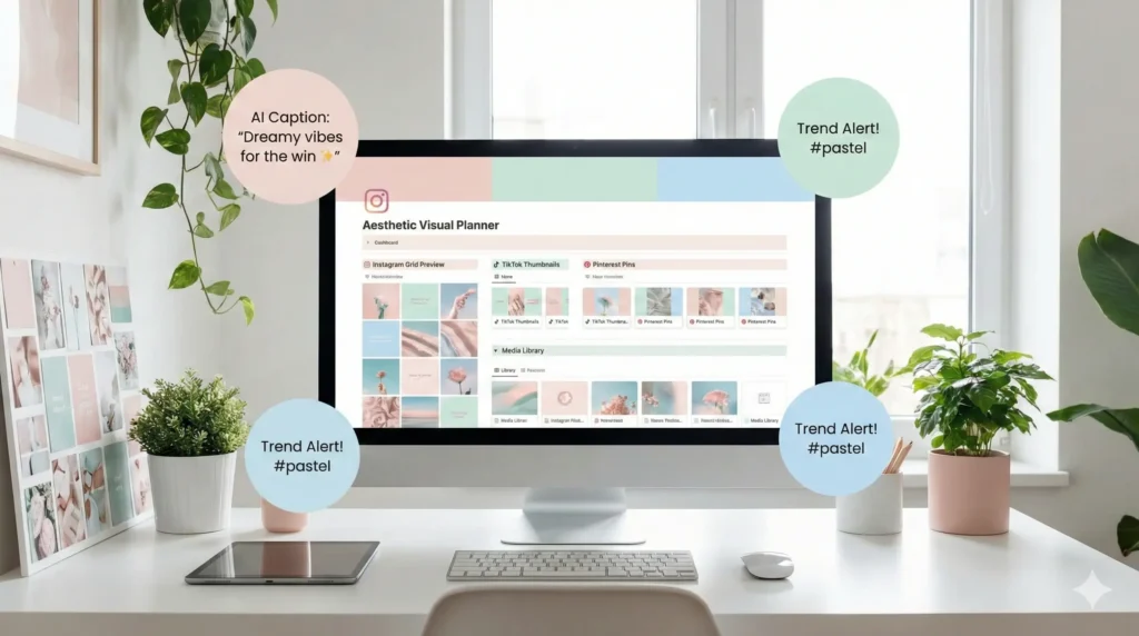 Aesthetic visual planner on a pastel-themed desktop showing Instagram grid preview and trend alerts