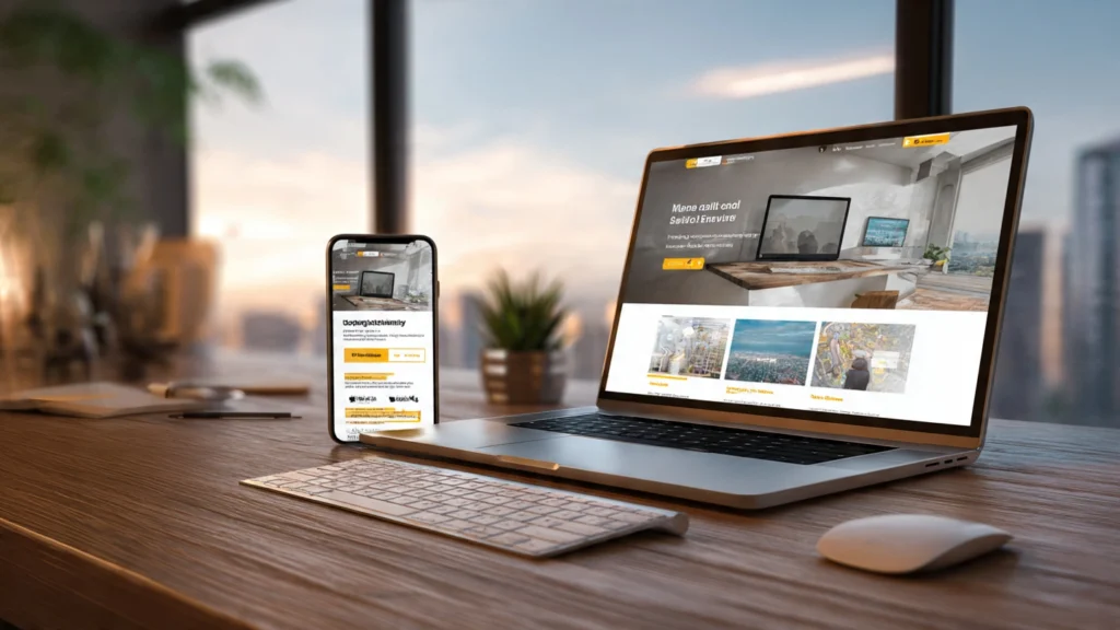 Laptop and mobile device displaying responsive modern website UI.