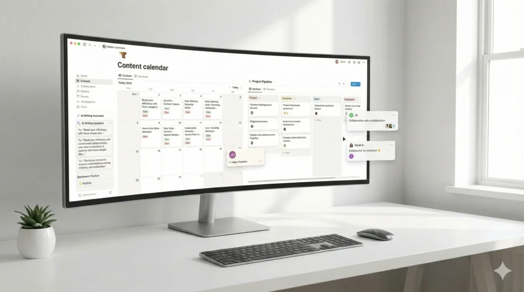 Notion content calendar showing tasks, project pipeline, collaboration notes, and AI writing assistant suggestions