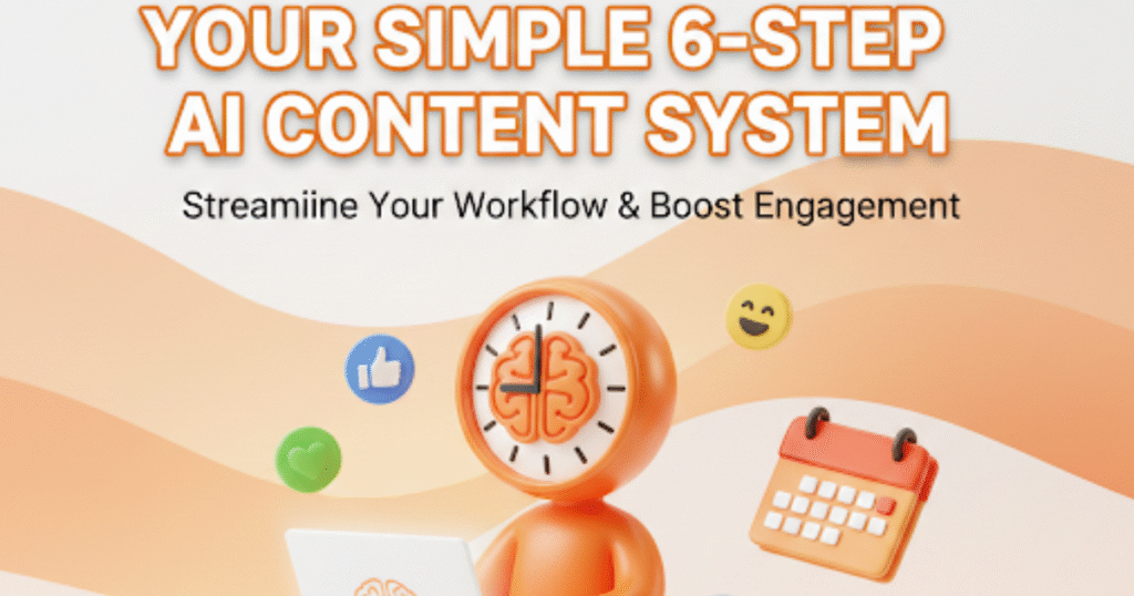 An infographic titled "YOUR SIMPLE 6-STEP AI CONTENT SYSTEM" with the subtitle "Streamline Your Workflow & Boost Engagement" on a clean, modern background.