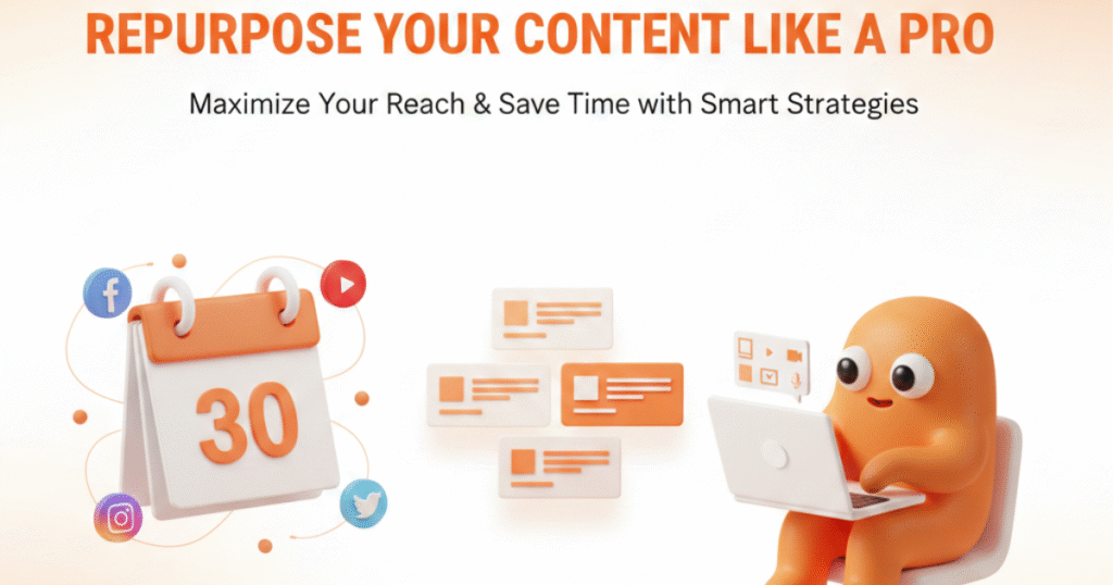 Infographic titled 'REPURPOSE YOUR CONTENT LIKE A PRO' with the subtitle 'Maximize Your Reach & Save Time with Smart Strategies' featuring a prominent number 30