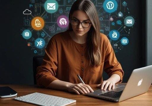 A woman working on a laptop with digital marketing and technology icons floating behind her.”