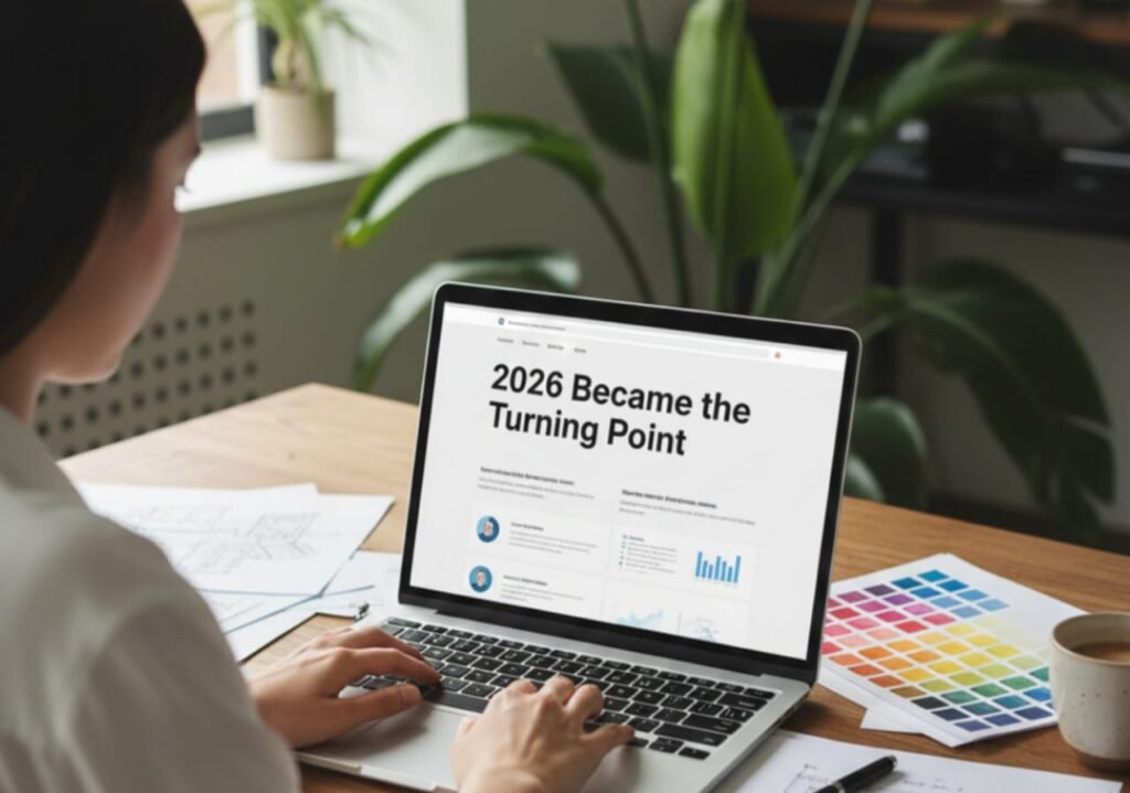 A person sitting at a wooden desk using a laptop that displays the headline “2026 Became the Turning Point,” surrounded by notebooks, documents, and a color palette sheet.