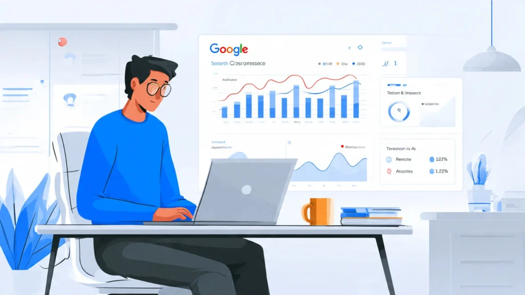 Illustration of a digital marketer analyzing Google Search Console performance graphs on a laptop in a modern workspace