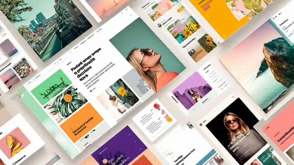 Creative collage of Canva design templates including social media posts, posters, photos, and graphics in various colorful layouts