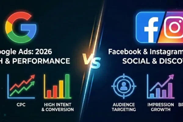 Blog banner comparing Google Ads and Facebook Ads with split-screen design and marketing icons