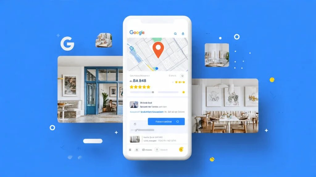 Mobile phone displaying a Google Maps listing with location pin, reviews, ratings, and photos of a local business on a blue background