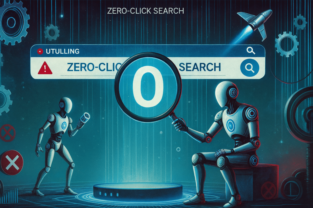 “A futuristic digital illustration showing two robots analyzing a large magnifying glass with the number zero inside it, symbolizing zero-click search, with search bar graphics, gears, and a rocket in the background.”
