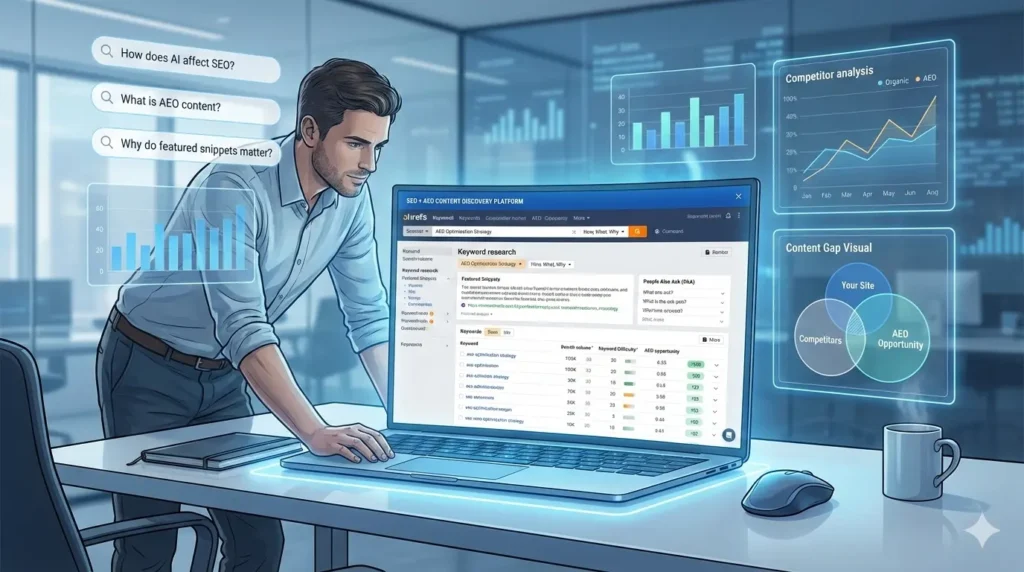 A digital professional using Ahrefs for keyword research and content gap analysis focusing on AEO opportunities.