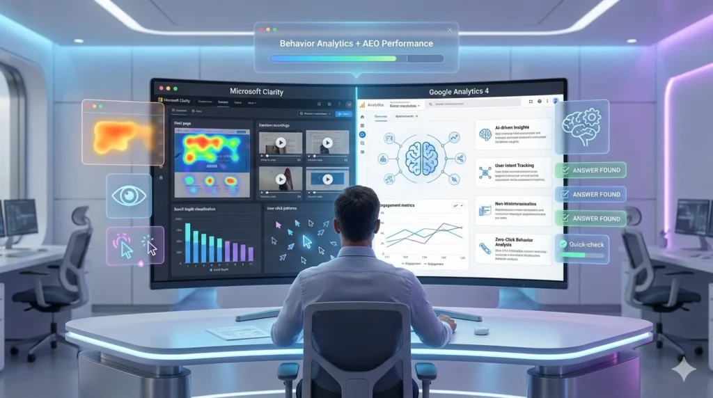 A massive curved monitor displaying Microsoft Clarity heatmaps alongside Google Analytics 4 engagement metrics.
