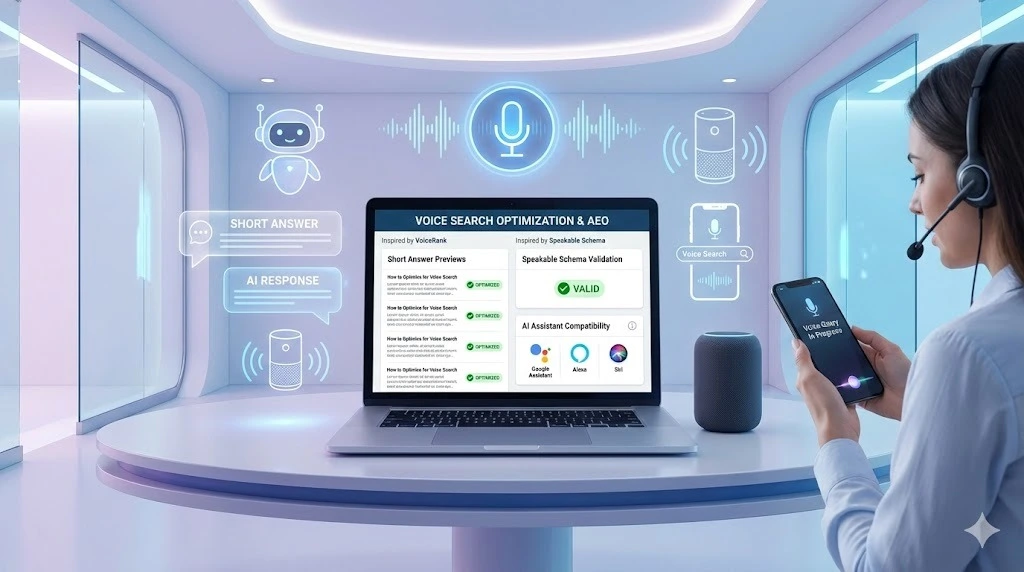 A specialist using a smartphone and laptop to validate Speakable Schema and short answer previews for AI assistants.