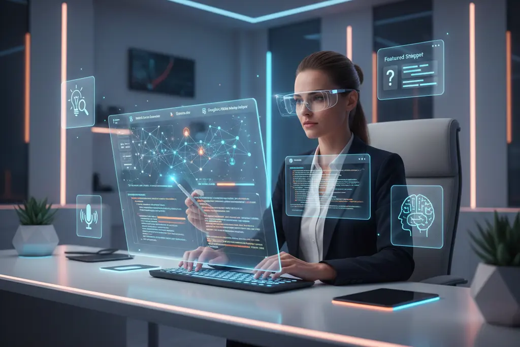 A tech expert in AR glasses analyzing a complex schema markup network for featured snippet optimization.