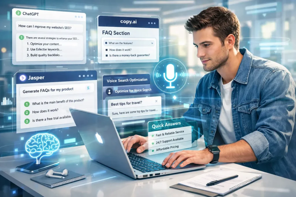 A laptop screen showing ChatGPT, Jasper, and Copy.ai interfaces for generating FAQs and voice search copy.