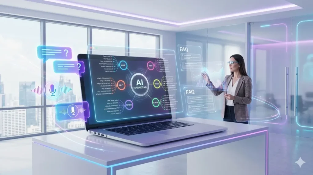 An analyst using AnswerThePublic to visualize search queries and user questions for AI marketing.