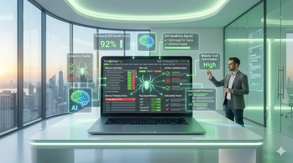Screaming Frog SEO Spider interface showing technical health scores and schema validation status.